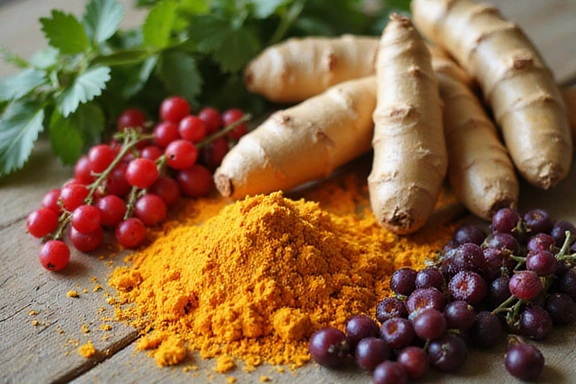 Image showing natural ingredients in their raw form, such as herbs, roots, and berries, arranged aesthetically on a rustic table, no text.