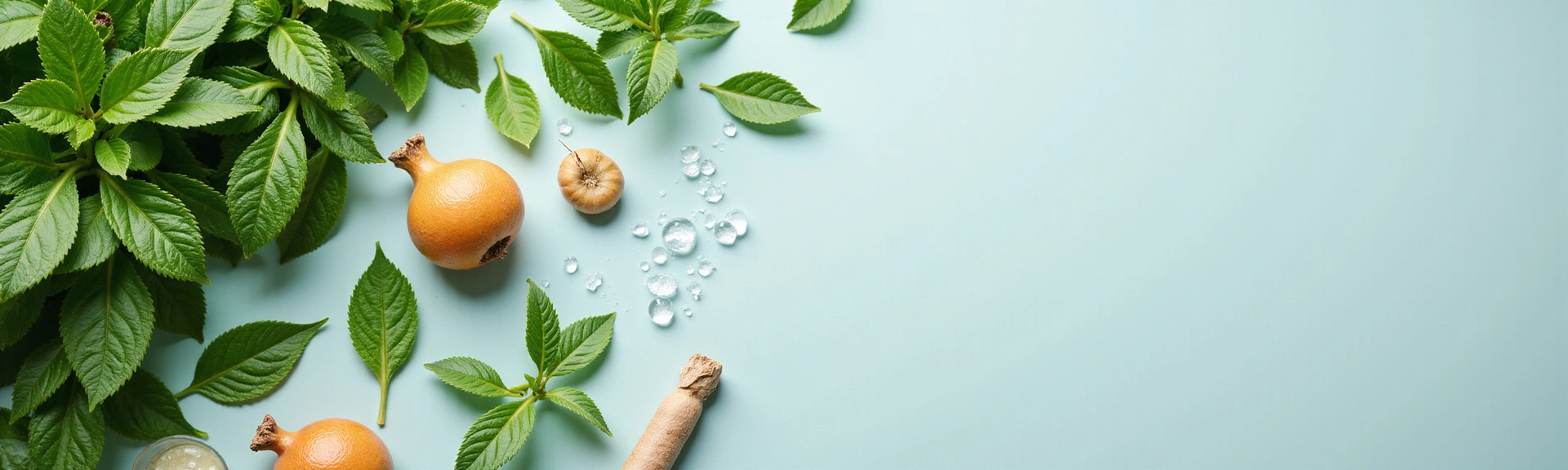 Lush green leaves, clear water, and healthy ingredients symbolizing natural well-being