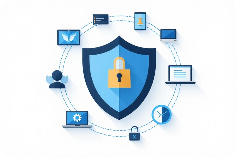 Digital security icon with a shield and web elements, representing safe browsing