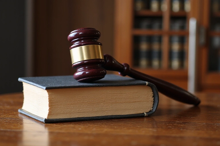 Gavel and legal books on a wooden desk, symbolizing legal proceedings and law